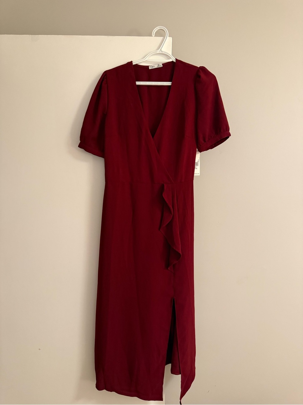 Dex Burgundy Midi Dress with Ruffle Detail